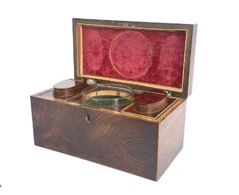 A George III flame mahogany and boxwood strung tea caddy, circa 1810, rectangular form with copper ring handle, fitted interi