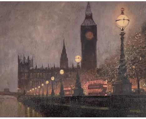 R..Whitaker (British, 20th Century), Houses of Parliament at Night, signed l.r., oil on board, 39 by 50cm, framed