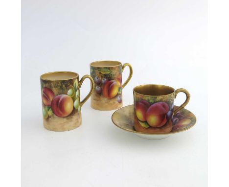 Frank Roberts for Royal Worcester, a pair of fruit painted coffee cans, circa 1960, tapered cylindrical form, each decorated 