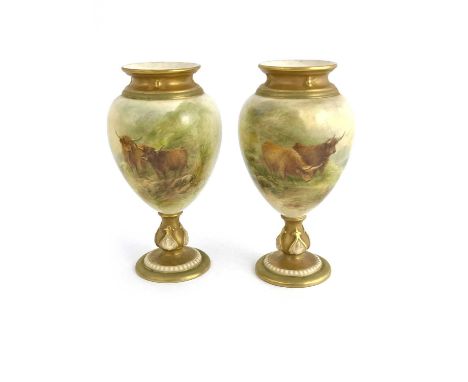 Harry Stinton for Royal Worcester, a pair of handpainted highland cattle vases, circa 1919, ovoid pedestal form, each decorat