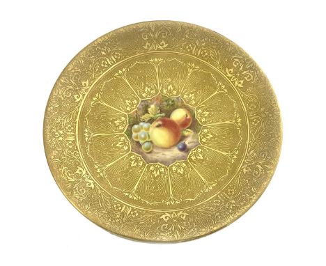 H Henry for Royal Worcester, a fruit painted plate, the central cartouche of apples and grapes within a heavily tooled gilt p