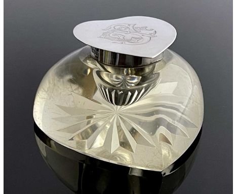 A Victorian silver and glass inkwell, William Hutton, London 1898, cushioned heart form with hinged heart shaped lid, 8.5cm l