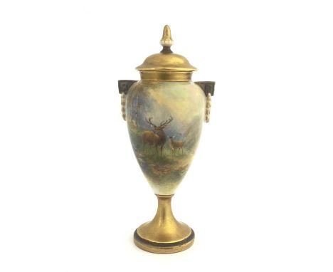 Harry Stinton for Royal Worcester, a painted stag vase and cover, circa 1932, inverse baluster pedestal form, gilded domed co