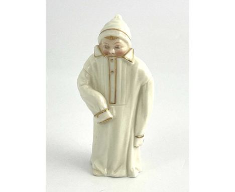 A Royal Worcester candle snuffer, Toddie, 1897, modelled as a boy in oversized night gown, puce mark, 9.5cm high