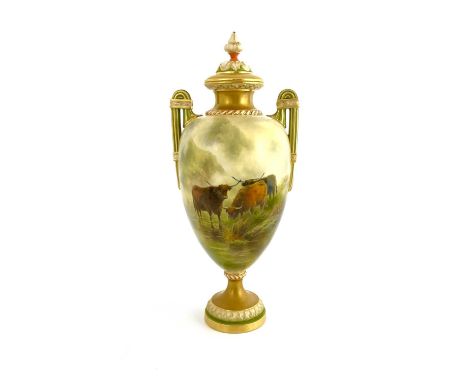 John Stinton for Royal Worcester, a Highland cattle painted vase, circa 1910, twin handled ovoid pedestal form, decorated wit