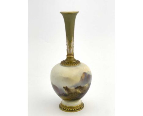 Ernest Barker for Royal Worcester, a sheep painted vase, circa 1914, bottle form, shot silk foliate moulded trumpet form neck