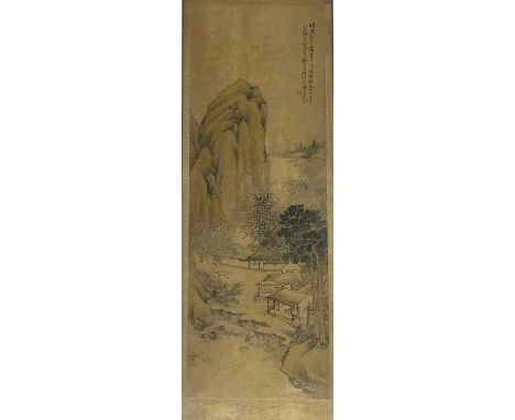 China (19th century), Chinese scroll painting of a landscape and river scene, possibly Qing dynasty, 113cm x 38cm, framed