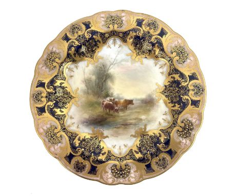 Harry Stinton for Royal Worcester, a cattle painted comport, 1914, the central scene of watering cows within a gilt beaded an