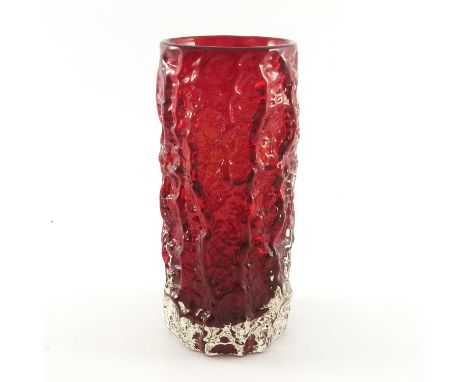 Geoffrey Baxter for Whitefrairs, a Ruby textured glass bark effect vase, model 9690, designed circa 1966, cylindrical form, 1