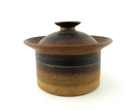 Robin Welch, a studio pottery tureen and cover, cylindrical stoneware with banded glaze and domed lid, impressed marks, 26.5c