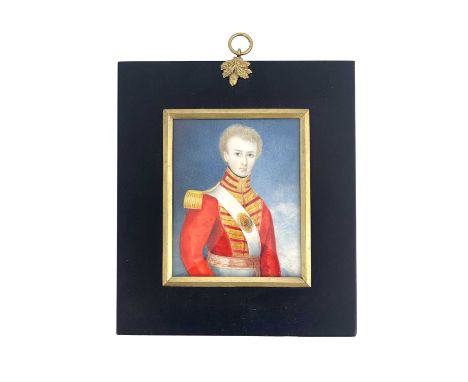 A 19th century military portrait miniature, depicting an army officer, circa 1830, half length, in red jacket with sash and 2