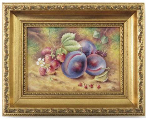 T Nutt for Royal Worcester, a fruit painted plaque, rectangular form, decorated with strawberries and plums, black mark, 12cm