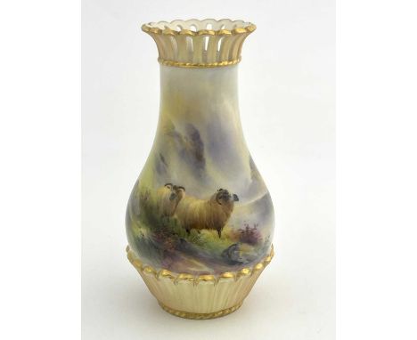 Harry Davis for Royal Worcester, a sheep painted vase, circa 1910, baluster form with blush ivory reticulated neck and scallo