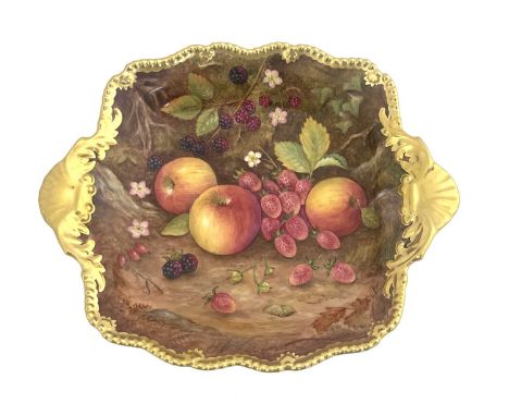F Clark for Royal Worcester, a fruit painted strawberry dish, twin handled rectangular form, decorated with apples, strawberr