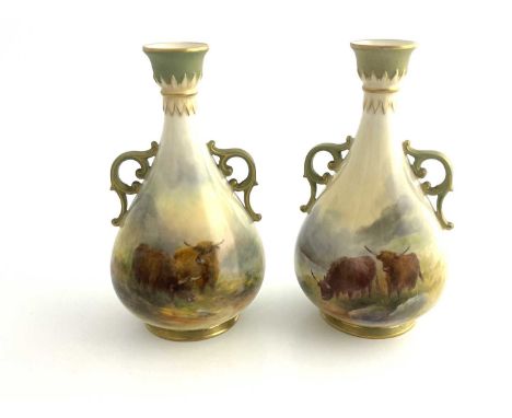 Harry Stinton for Royal Worcester, a pair of Highland cattle painted vases, circa 1909 and 1911, teardrop form, foliate mould