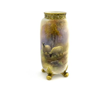 James Stinton for Royal Worcester, a sheep painted vase, circa 1934, cylindrical ovoid form, reticulated gilded rim, on four 