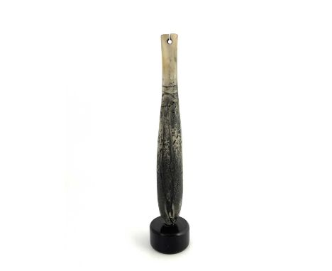 Y Peter Hayes (b.1946), a raku fantail mounted on slate base, textured grey and black finish with keyhole, inscribed to base,