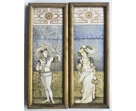 A pair of Aesthetic Movement framed tile panels, one painted with a falconer, the other with a lady flower picking, polychrom
