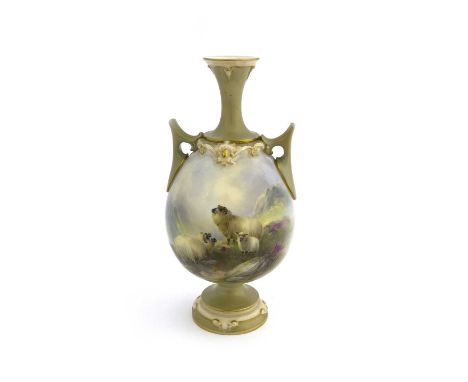 Harry Davis for Royal Worcester, a sheep painted vase, circa 1909, globular twin handled pedestal form, grey-green glazed fol