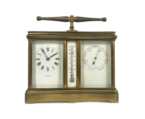 R. Stewart, Paris, a desk timepiece and barometer combined, late 19th/early 20th Century, gilt metal case with protruding han