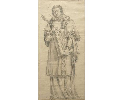 Pre-Raphaelite School, Portrait of a Saint, depicted holding a quill and manuscript, pencil drawing, 43 by 20cm, framed