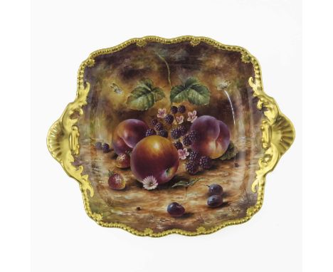 Smith for Royal Worcester, a fruit painted strawberry dish, twin handled rectangular form, decorated with apples and blackber