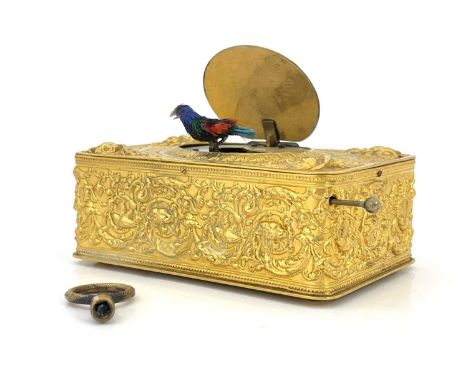 A continental automaton singing bird box, in the manner of Karl Griesbaum, embossed and chased foliate scroll design with hin