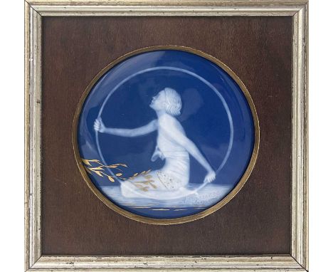Antoine Barriere, an Art Deco Limoges pate sur pate panel, circa 1925, circular plaque form decorated with a kneeling woman a