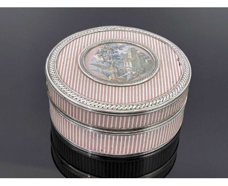 A French silver mounted lacquer snuff box, circa 1780, circular with pink and white pin stripe laccquer, central painted Clau