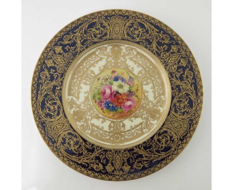 E Phillips et al for Royal Worcester, a set of six floral painted plates, decorated with bouquets within blue and cream groun