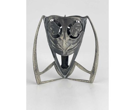 Archibald Knox for Liberty and Co., a Tudric Arts and Crafts pewter vase holder, conical form on three open flying buttress p