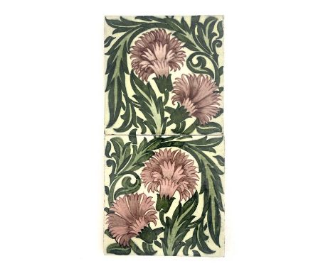 William De Morgan, a Carnation double tile panel, circa 1898, pink flowers and green foliage, impressed DM marks, 15.5cm squa