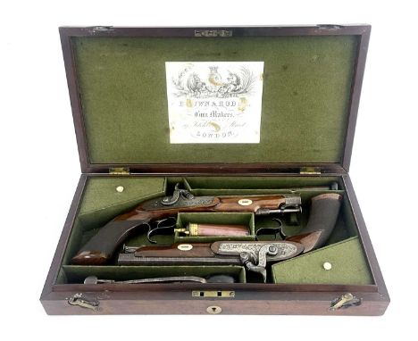 A pair of 19th century percussion pistols by Brown &amp; Rodda, London, 6 inch octagonal barrels signed to top, dolphin shape