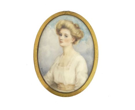 WHT, an Edwardian portrait miniature, oval, half length, depicting blonde haired woman in white dress with peach waist band, 