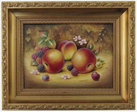 J Bowman for Royal Worcester, a fruit painted plaque, rectangular form, decorated with blackberries and apples, black mark, 1