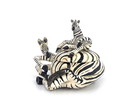Lefu Thebe for Senzo Duma Ceramic Arts, a studio pottery Zebra novelty box and cover, painted by Mandla Ngwenya, painted mark