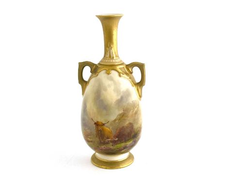 Harry Stinton for Royal Worcester, a Highland cattle painted vase, ovoid circa 1920, ovoid twin handled form, trumpet form fo