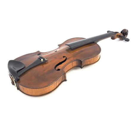 A 19th century European violin, stamped under the scroll for Turner of London, stamped makers emblem to button, single piece 