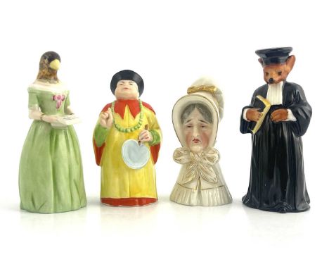 Royal Worcester candle snuffers including Jenny Lind, Reynard the Fox, Mandarin and the Old Woman, black, green and puce mark
