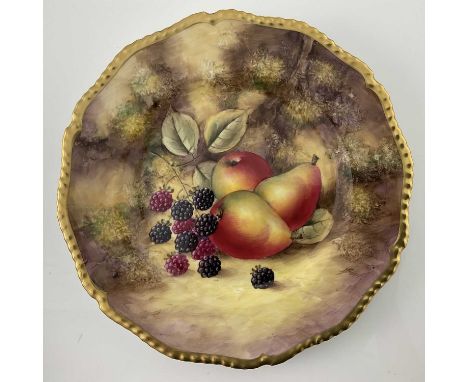 J Smith for Royal Worcester, a fruit painted plate, decorated with pears and blackberries, within a gilt gadrooned border, bl