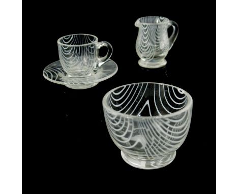 A Victorian Nailsea glass miniature tea set, circa 1870, including bowl, jug, cup and saucer, combed opaque and colourless, g