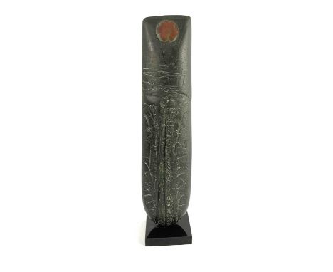 Y Peter Hayes (b.1946), a Black Bow mounted on slate base, totem form, textured black finish with copper disc, signed to base