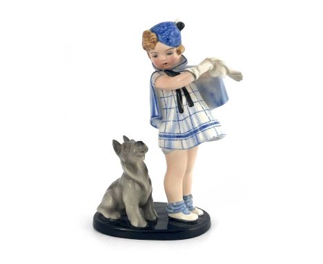 Goldscheider, figure group of a girl and Scottie dog, printed and incised marks 7664, 23cm high