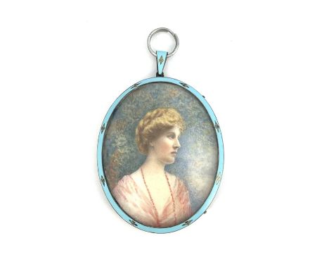 An Edwardian portrait miniature, bust length of a woman in pink dress, under a tree, in enamelled silver frame Birmingham 191