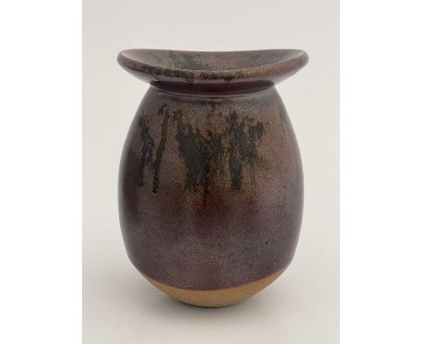 Y John Leach for Muchelney (b.1939), a studio pottery stoneware vase, iron drip glaze with unglazed bottom, impressed mark an