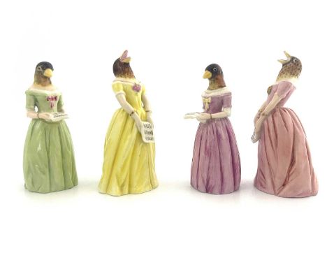 Four Royal Worcester Jenny Lind candle snuffers, circa 1910, Confidence and Diffidence, modelled as nightingales in variously