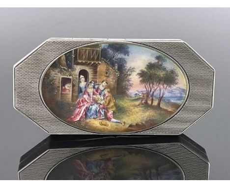 A Continental silver and enamelled double compact, import marks for Birmingham 1928, elongated octagonal form, the central ov