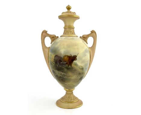 John Stinton for Royal Worcester, a Highland Cattle painted pedestal vase and cover, ovoid form, 1906, painted with cows in a