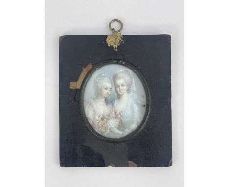 A late 19th century portrait miniature, depicting two 18th century women, half length oval, in pink and blue dresses, 8cm x 6