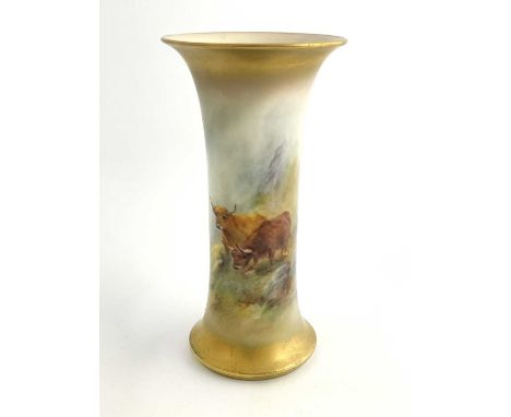 Harry Stinton for Royal Worcester, a Highland cattle painted spill vase, circa 1918, cylindrical flared form, painted with tw